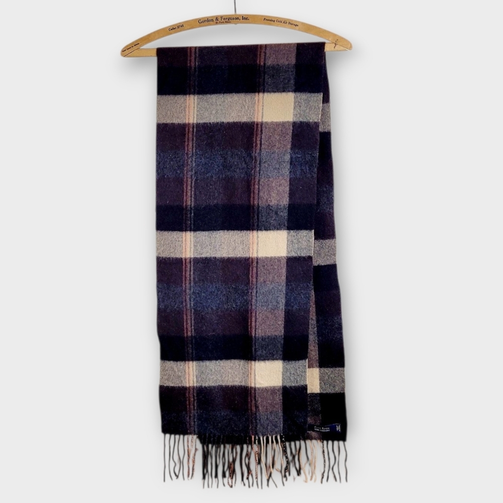 CLUB ROOM Pure CASHMERE Brown Tan Camel Plaid Tartan Fringed Winter Scarf